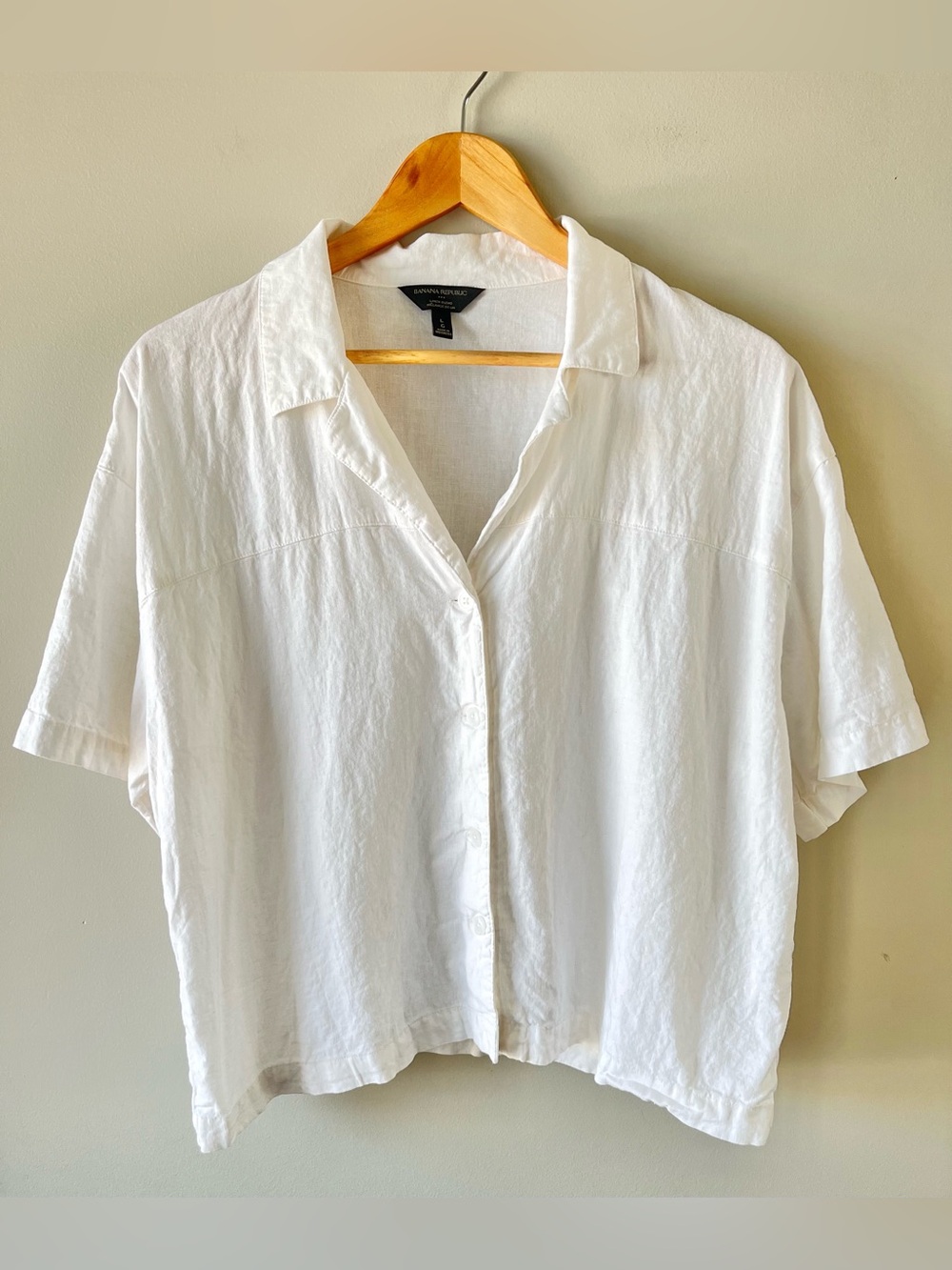 Banana Republic White Linen Blend Short Sleeve Button-Down Shirt Size Large
